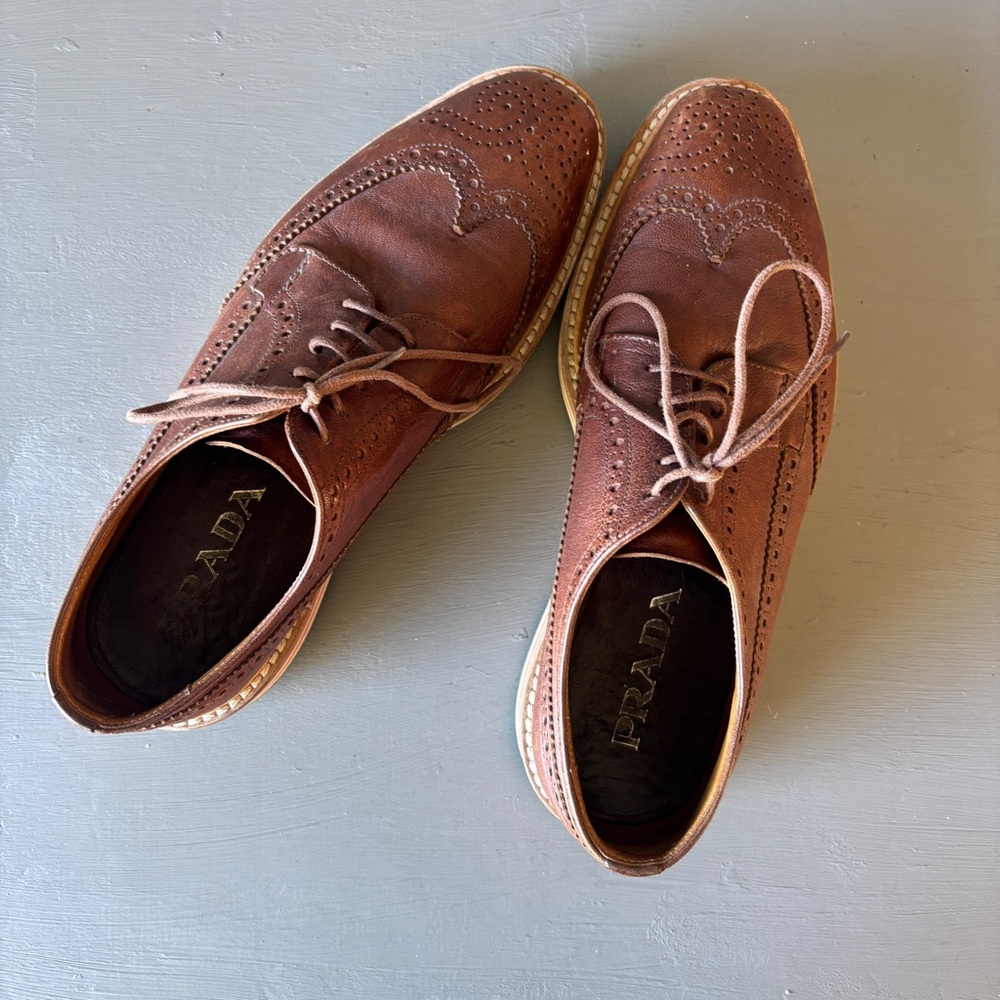 Prada Men's Brown Leather Wingtip Shoes with Striped Platform Sole - Picture 9 of 13